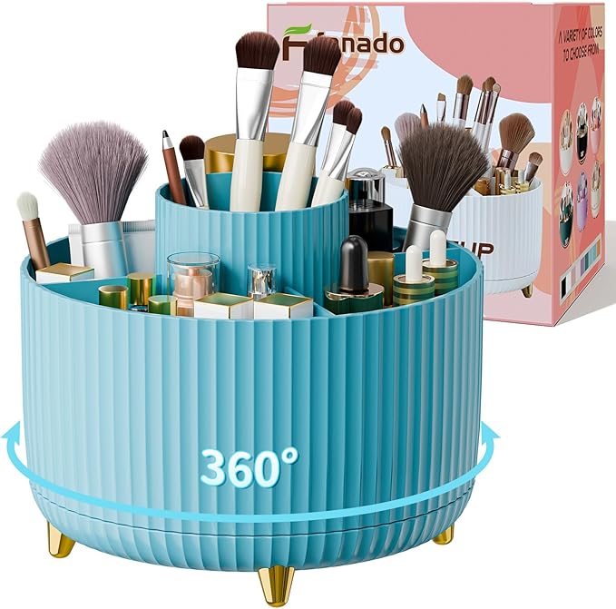 360Â° Rotate Makeup Brush Holder Organizer, Makeup Organizers Countertop, Makeup organization and Skincare Storage with Gift Box Packing for Vanity, Desktop, Bathroom (Blue)