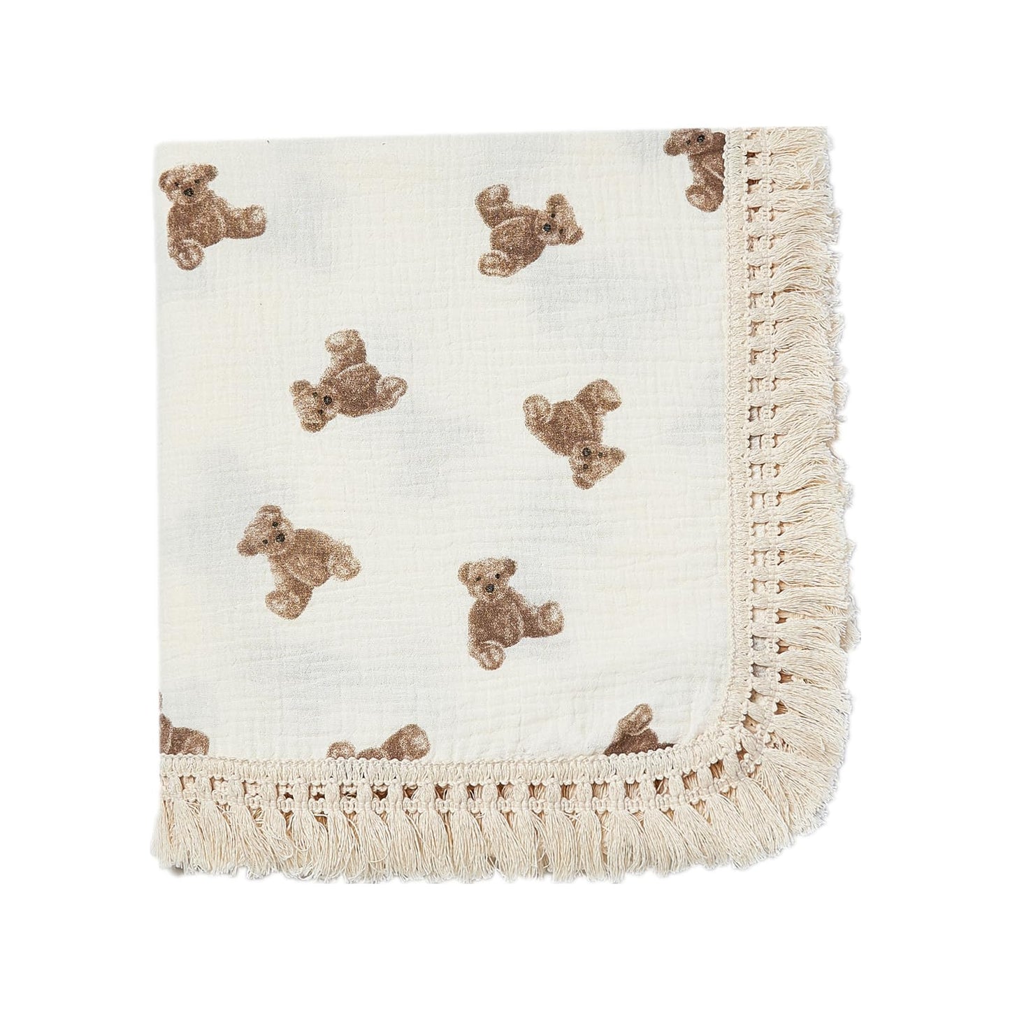 insular Cotton Muslin Baby Blanket with Tassel, Boho Bohemian Muslin Swaddle Blanket Baby Receiving Blanket with Fringe, Nursery Decor Throw or Nursing Blankets, 47" x40â, Little Bear