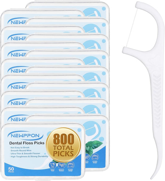 800 Count Dental Floss Picks – Unflavored Floss Sticks with Built-in Toothpick – 16 Boxes of 50 – Strong & Smooth Dental Flossers for Family Oral Care at Home Office & Travel – Adults & Kids