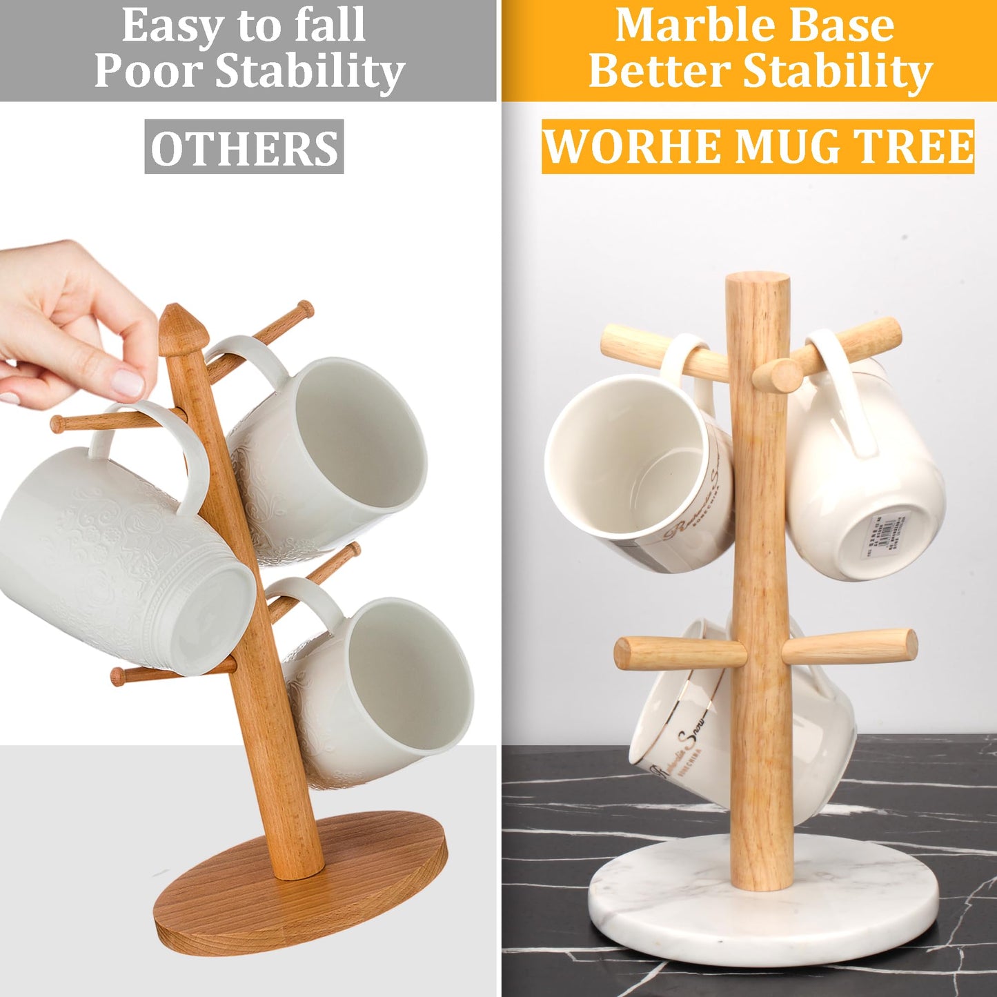 WORHE Mug Holder Marble Base with 6 Hooks Coffee Cup Rack Organizer for Countertop, Round Mugs Stand Hanger for Kitchen Counter Cabinet Bar Accessories and Home Decor White (MH001)