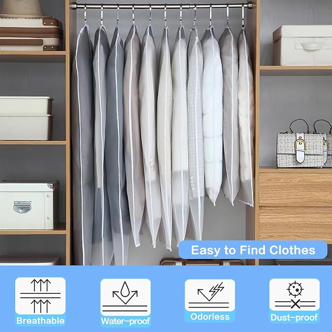 Garment Bags Covers (24''X60'' Set of 12) Long Dress Bags for Hanging Clothes (Pack of 6) with Study Full Zipper Coat Covers for Closet Clothes Storage and Travel