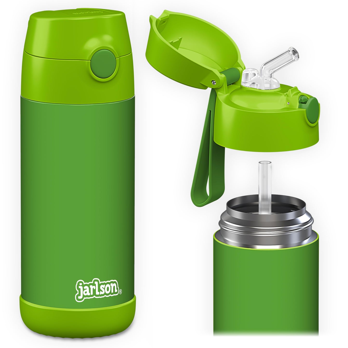 JarlsonÂ® Kids Water Bottle CHARLI [12OZ] - Stainless Steel Thermo Bottle with Straw - Insulated, Spill Proof Waterbottle for School & Sports - Thermo Tumbler for Boys & Girls (Green)