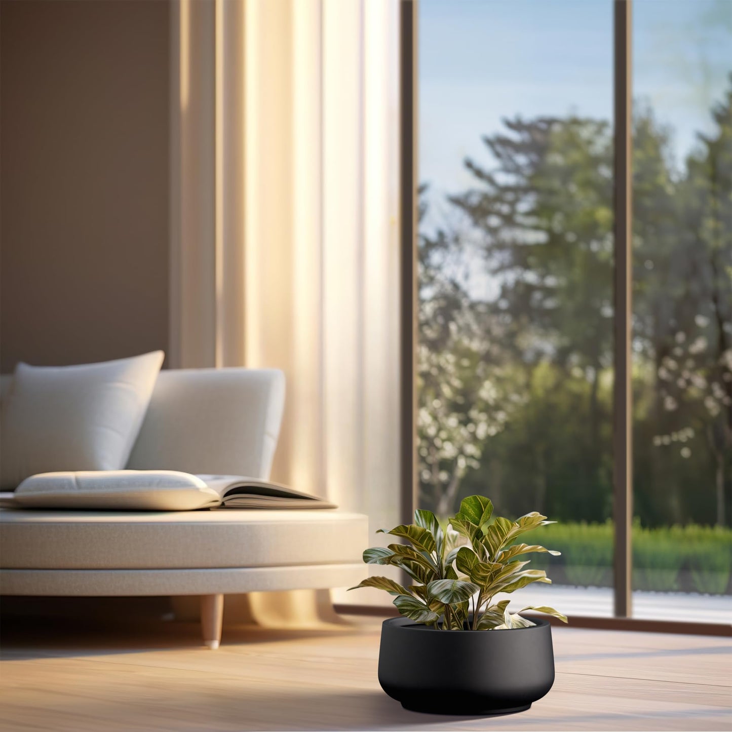 Kante 13.4" Dia Round Curvy Concrete Planter, Large Plant Pots with Drainage Hole and Rubber Plug for Indoor Outdoor Plants, Flower Pot for Home Garden Patio Porch, Black