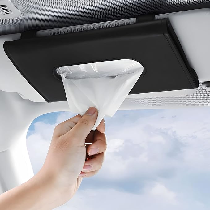Car Tissue Holder with Ultra Soft Lotion Facial Tissues - Slim Visor Mount for Cars/Trucks/SUVs, Kleenex-Compatible Napkin Organizer (Ergonomic Design, Easy Installation)