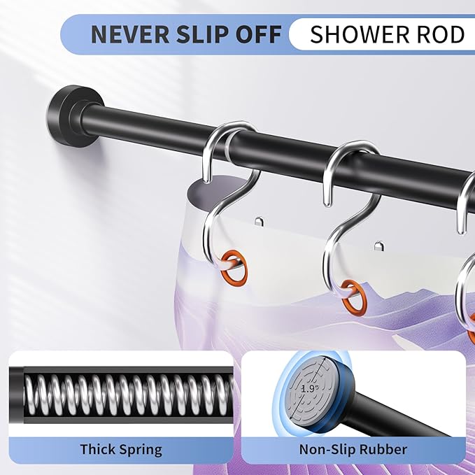 Black Shower Curtain Rod 34-66 Inches(2.8-5.5ft) Never Rust Adjustable Shower Rod Spring Tension Non Slip No Drilling Shower Rods for Bathroom Garland Window