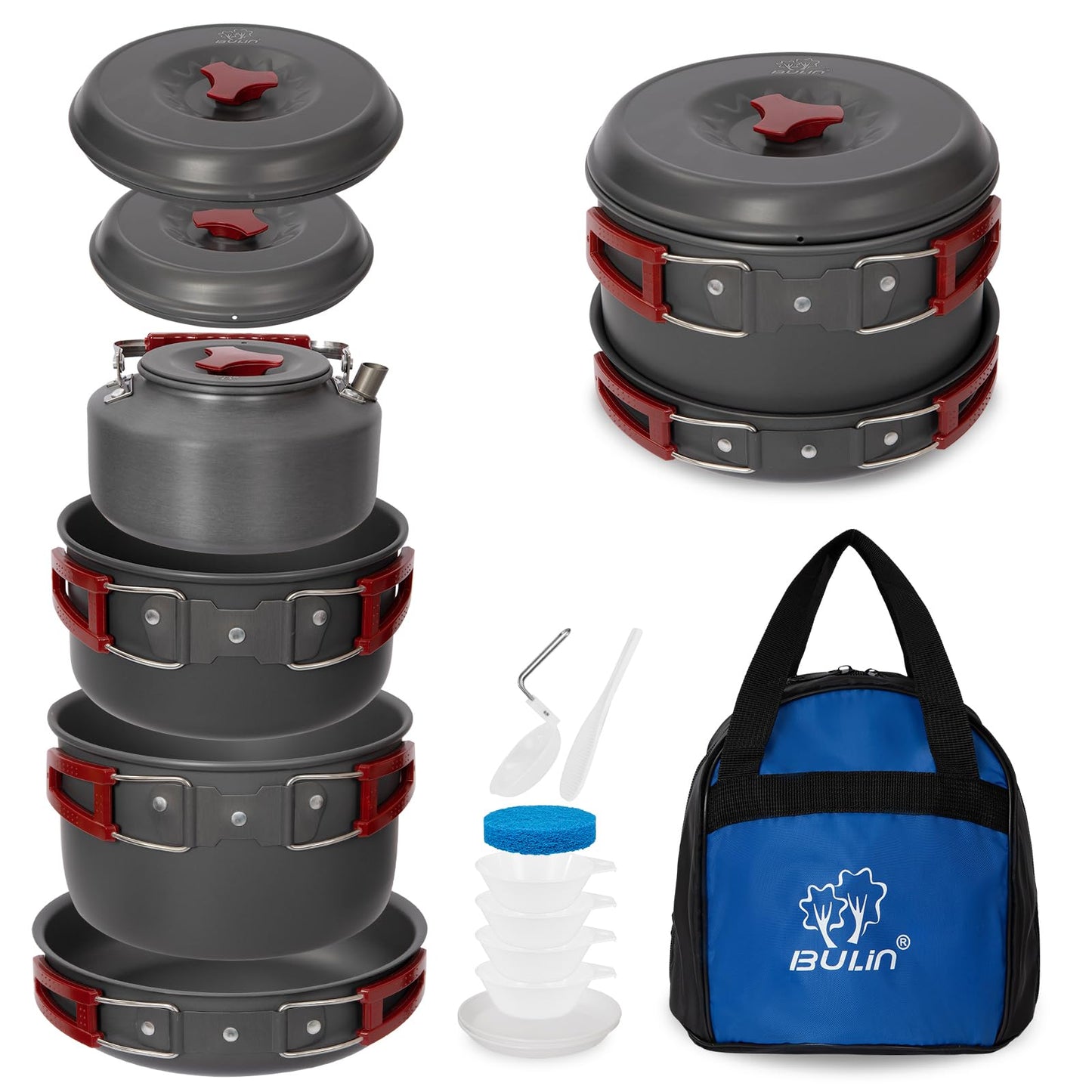 Bulin Camping Cookware Pots and Pans Set, Lightweight Backpacking Cooking Set Outdoor Cook Gear for Family Hiking Picnic (Kettle, Pot, Frying Pan, Bowls, Plates, Spoon)