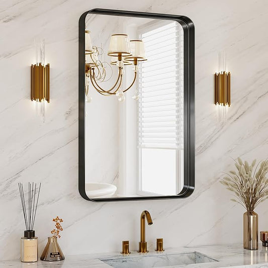 Bathroom Mirror for Wall, 30x22 Inch Rectangle Mirror,Matte Black Metal Framed Bathroom Vanity Mirror for Restroom Farmhouse, HD Tempered Glass,Anti-Rust Aluminum Alloy Mirror