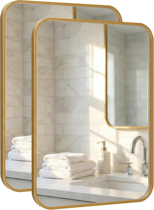 2 Pack Bathroom Mirrors for Over Sink, 22"x30" Gold Framed Vanity Mirror, Rounded Corner Rectangular Metal Mirror for Wall, Mid Century Modern Decor