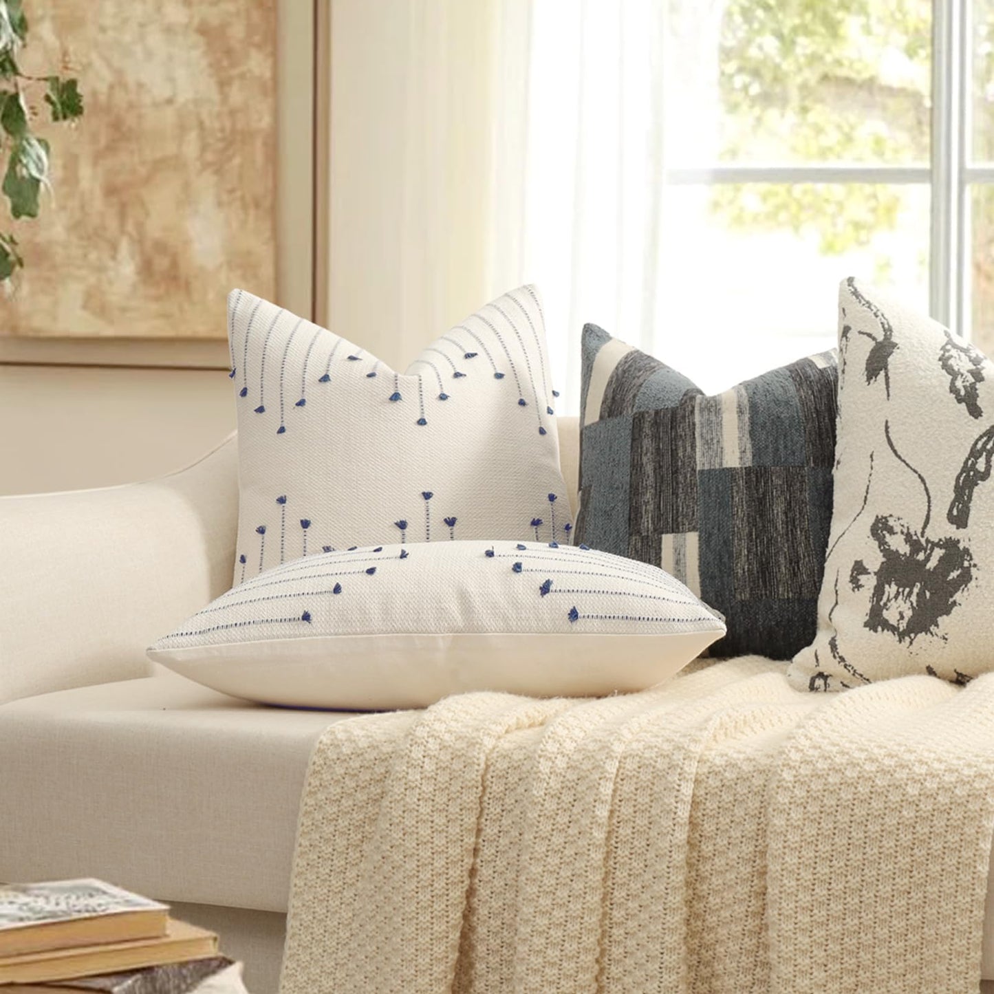Boho Throw Pillow Covers 18x18 Set of 2 Neutral Woven Decorative Pillowcases Cotton Tufted Couch Pillows Modern Farmhouse Accent Cushion Covers for Sofa Couch Bed Living Room Home Decor, Navy Blue