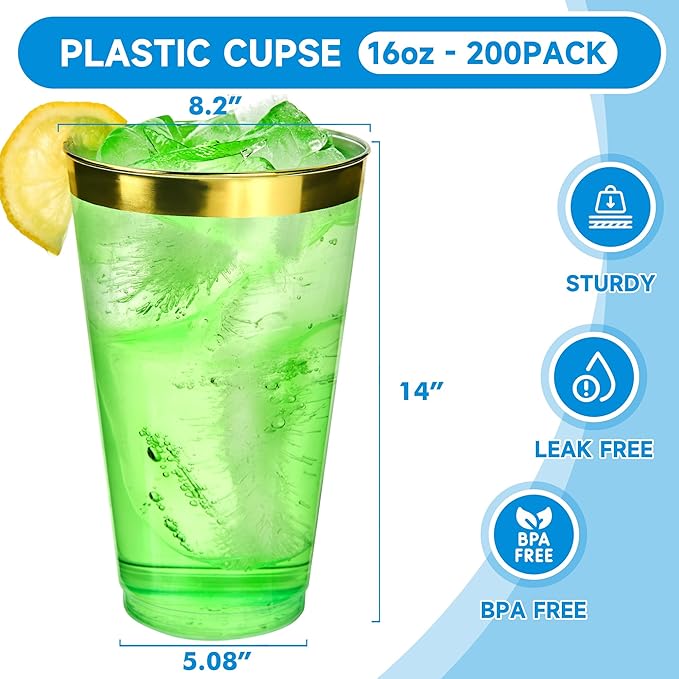 RACETOP 16 oz 200 Pack Disposable Plastic Cups with Gold Rim, Disposable Gold Rim Plastic Cups for Parties, Weddings, Gatherings, and Festival Events