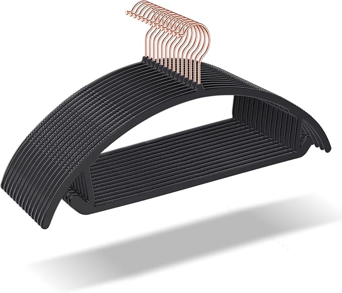 OIKA Hangers 50 Pack No Shoulder Bump - Space Saving Huggable Closet Hangers with 360Â° Rotating Hooks, Heavy Duty Non-Slip for Shirts, Pants, Coats (Black)