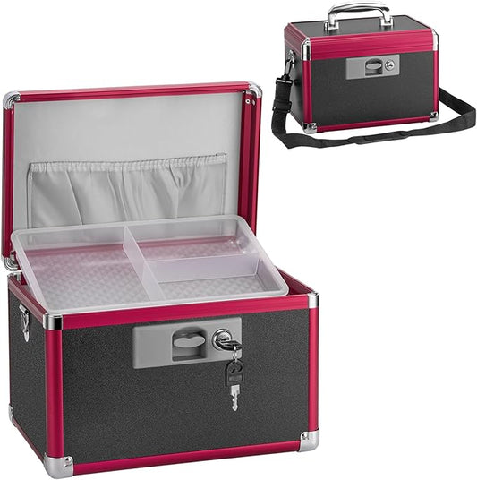 Medicine Lock Box for Safe Medication - 11.2 x 7.6 x 7.6 Inches - Lockable Storage Box for Drugs, First Aid Kit Empty, Lock Boxes with Key for Home/Outdoor (Black & Red/Medium)