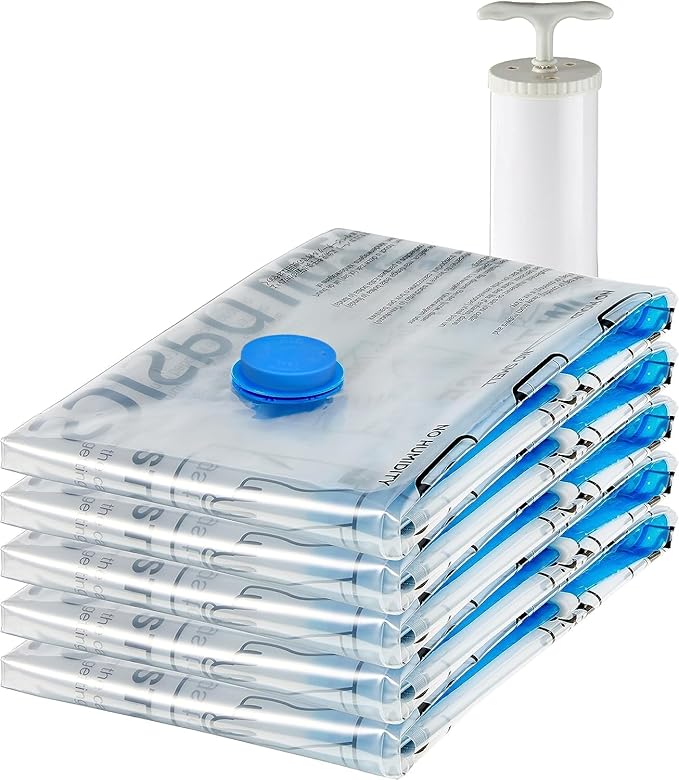 Amazon Basics Vacuum Compression Space Saving Storage Bags with Hand Pump, Large, Pack of 5, Clear
