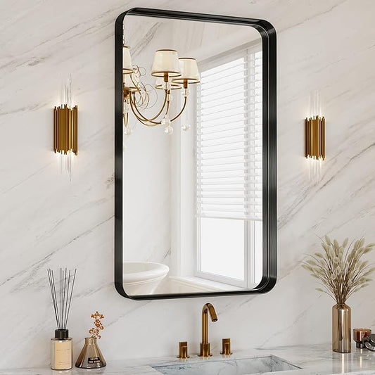 Black Bathroom Mirrors for Over Sink,24X36 Inch Matte Metal Framed Vanity Rounded Rectangle Vanity Mirror, HD Tempered Glass, Anti-Rust, Horizontally or Vertically Hanging