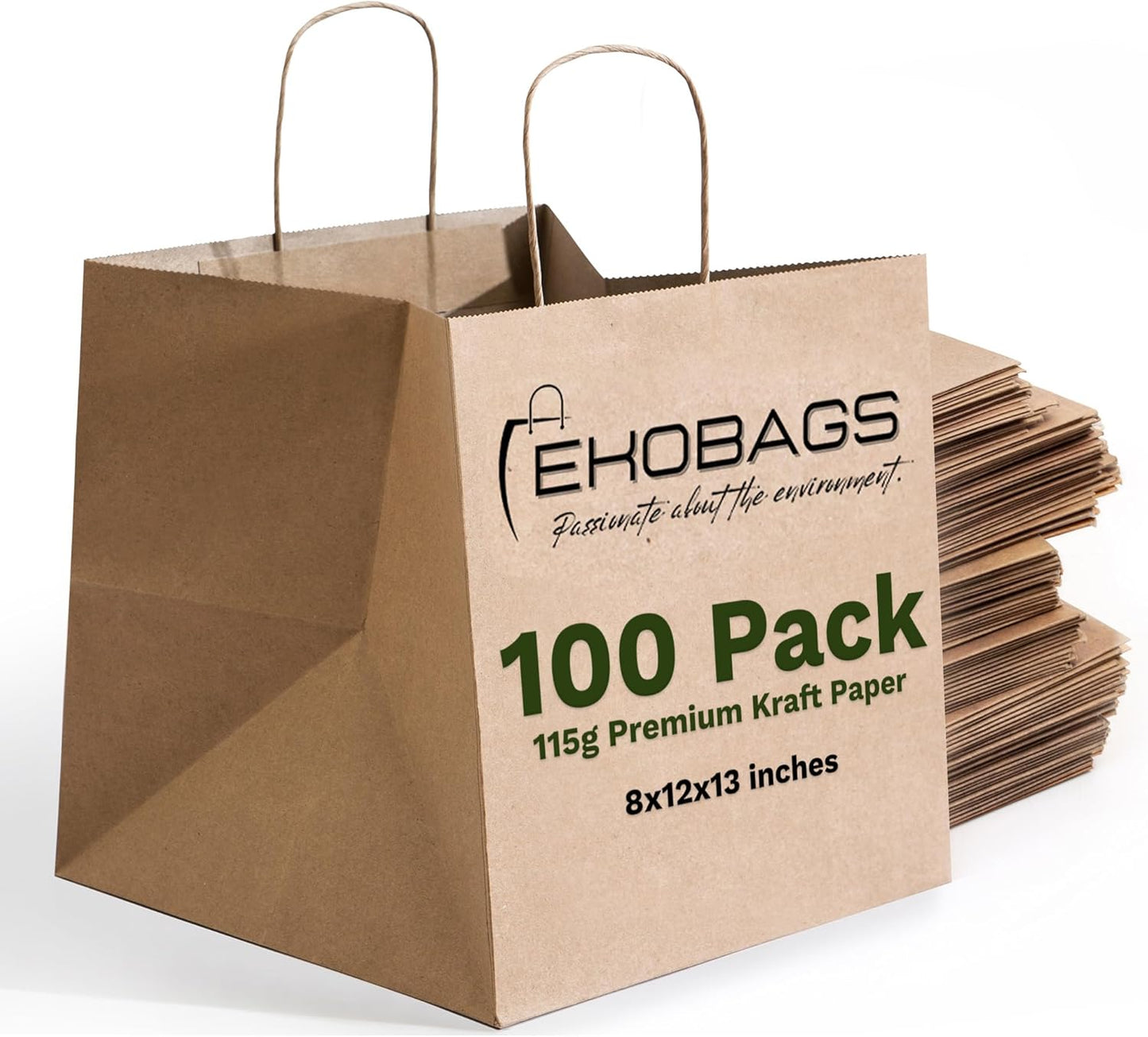 EKOBAGS SIENNA 100 | 12x8x13 inches, Kraft Paper Gift Bags with Handles | 115 GSM Brown Paper Bags for Small Business, Shopping & Party Favors | Recyclable | Holds up to 20.3L/10 lbs