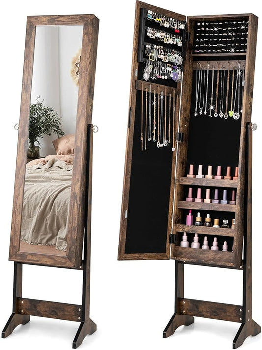 COSTWAY Jewelry Armoire Cabinet, Standing Jewelry Organizer with Full-length Mirror & 3 Adjustable Angles, Large Storage Capacity Jewelry Cabinet for Bedroom, Dressing Room (Brown)