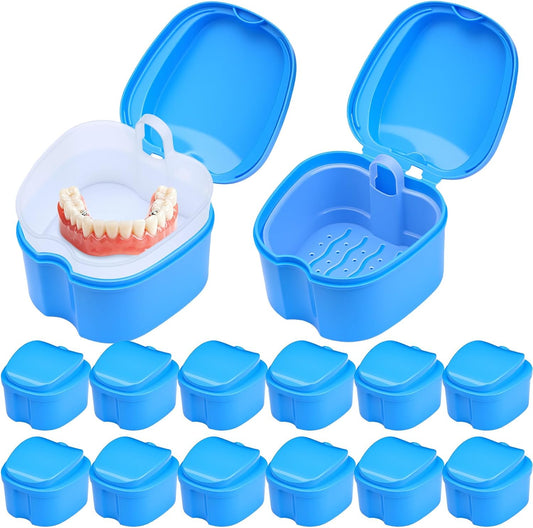Nuogo 12 Pack Denture Bath Case Bulk with Strainer Basket Denture Cup Holder Dental Retainer Cleaner Box Soaking Cleaning Cup Mouthguard Storage Container for Brace Mouth Night Guard, Blue