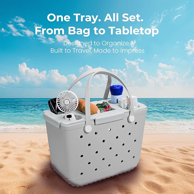 Tote Topper Tray Accessories for Bogg Bag Large Only – Waterproof EVA Table Top Organizer Lid with Cup Holder, Snack, Phone & Drink Holders for Beach, Pool, Picnic, Travel (Gray)