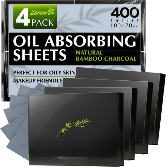 Natural Oil Blotting Sheets for Face with Bamboo Charcoal - 4pk/400 Makeup Friendly Oil Absorbing Sheets for Face - Blotting Papers for Oily Skin - Perfect for Keeping in Purse - Oil Control Film
