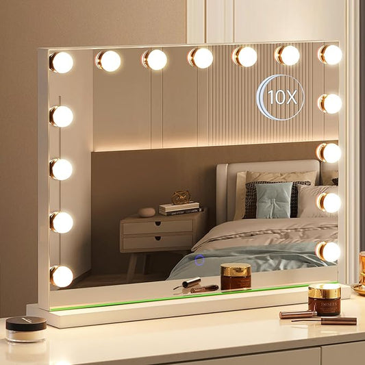 Hollywood Vanity Mirror with Lights, 23"x18" Lighted Makeup Mirror with 10x Magnification for Desk/Wall Mount, 15 Led Bulbs, 3 Lighting Modes for College Dorm, Bedroom, Dressing Room (White)