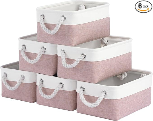 Storage Baskets for Shelves 11.8x7.9x5.2 Inch, Foldable Fabric Storage Bins with Handles, Small Storage Baskets for Organizing Closet, Office, Home Organization (6-Pack, White&Pink)