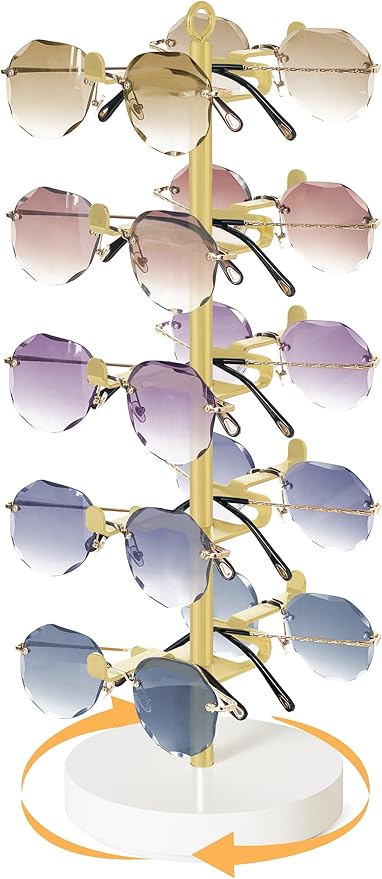 Mkono 360Â° Rotating Sunglasses Organizer Metal Eyeglass Holder Stand Sunglass Storage Display Eyeglasses Rack for up to 10 Pairs of Eyewear Glasses for Table Dresser Desk Countertop Bedroom, Gold