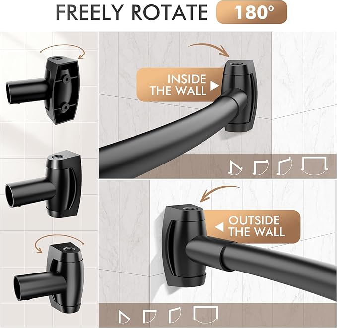 Bonpally Curved Shower Curtain Rod for Bathroom, 40-72 Inches Adjustable Curved Shower Rod, 0.9MM Aluminum Shower Curtain Rod with Rotating Brackets for Extra Shower Space, Need to Drill, Black