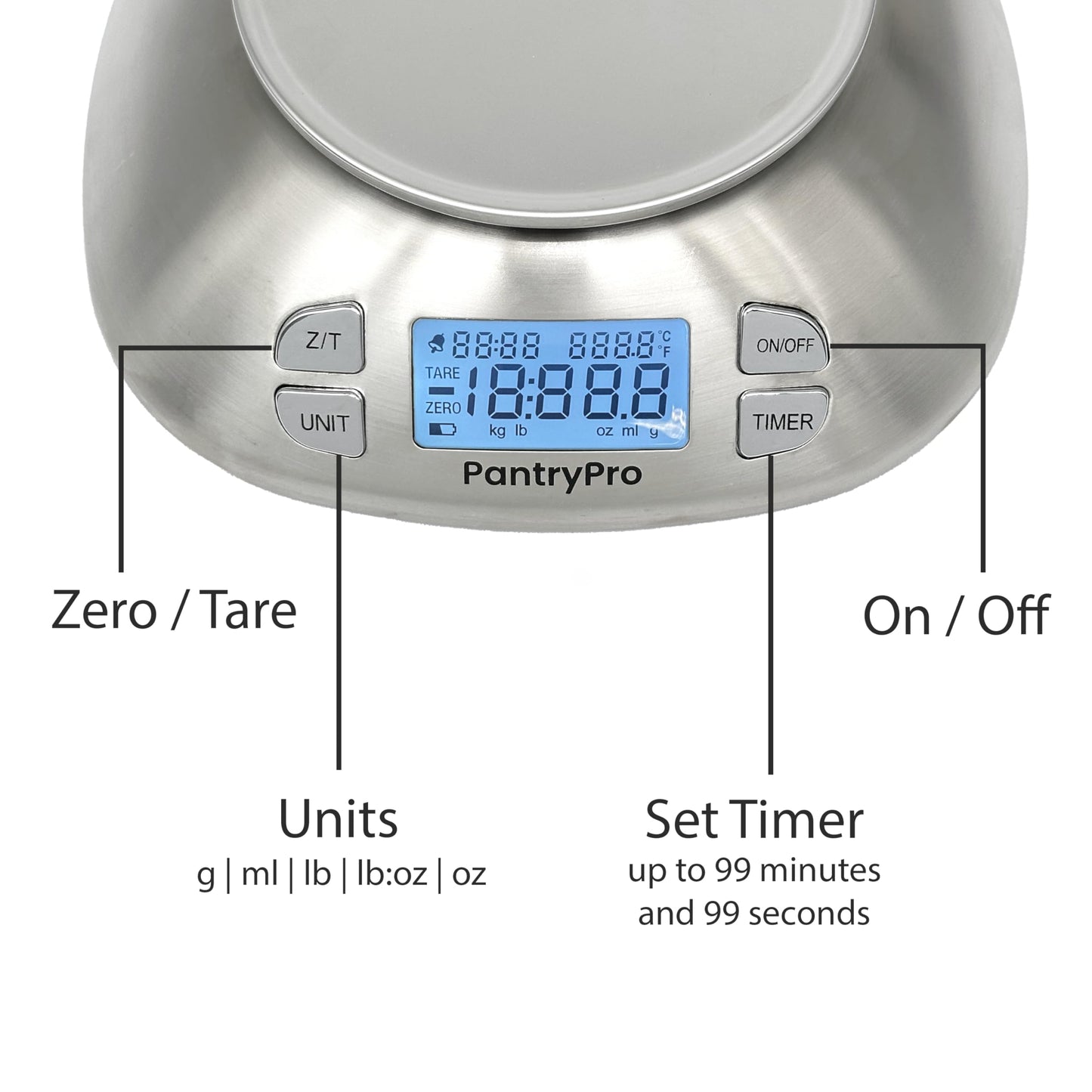 Stainless Steel Digital Kitchen Scale w. Bowl - for Food Coffee Lab - LCD Display gram Ounces lb:oz lb ml - 12 LBS/5.5 KG Capacity - Battery Included - Silver by The Display Guys