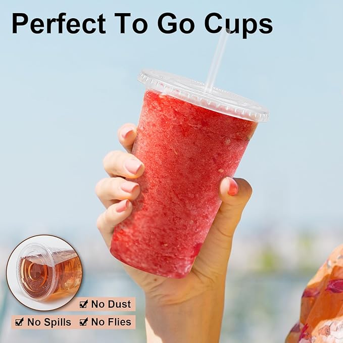 Lamosi 100 Pack 16 OZ Clear Plastic Cups with Lids and Straws, Disposable Iced Coffee Cups with Lids for To-Go Cold Drinks, Smoothies and Slushie