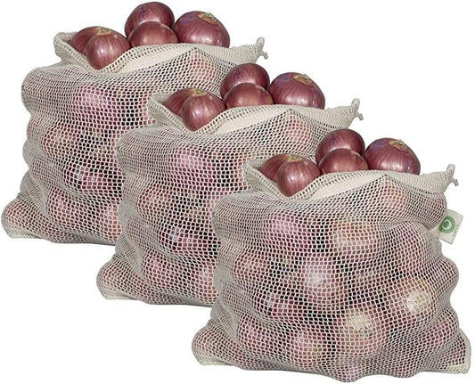 Reusable Onion Storage Bags - Organic Cotton Mesh Onion Bags with Drawstring - Washable Onion Holder Storage - Net Onion Keeper Sacks - Perfect Potato Storage Bags - Root Vegetable Sacks (3 X-Large)
