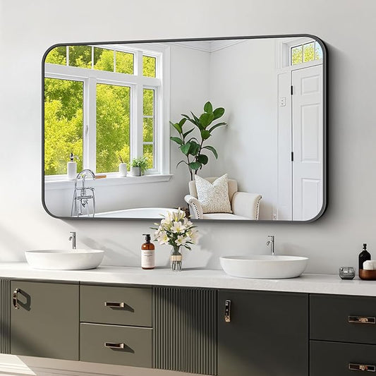 Koonmi Black Framed Bathroom Mirror - 30x50 Inch Shatterproof Tempered Glass Vanity Mirror for Bathroom Sink, Wall Mounted with Matte Aluminum Alloy Frame, No Distortion, Modern Decor
