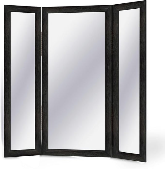 Houseables 3 Way Mirror, Floor Mirror, Full Length, Trifold, Three Way Folding, Floor Standing, Full Body, Wood Framed, 3 Sided for Bedroom, Makeup, Oversized, Foldable, Black, 71 x 32 to 65 Inch