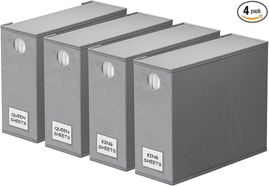 SpaceAid 4 Pack Bed Sheet Organizers and Storage, Foldable Organizer for Linen Closet, Sheets Set Folder Keeper with Window XL (Queen & King Size) Organizing Bedding Container, Gray 91ZDSN-SL01-G4