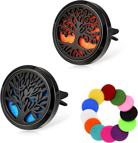 2 PCS Car Diffuser Vent Clips, Tree Pattern Essential Oil Diffuser Vent Clips with 12 Felt Pads, Stainless Steel Auto Air Fresheners Decorative Locket Clip for Women Men (Black)