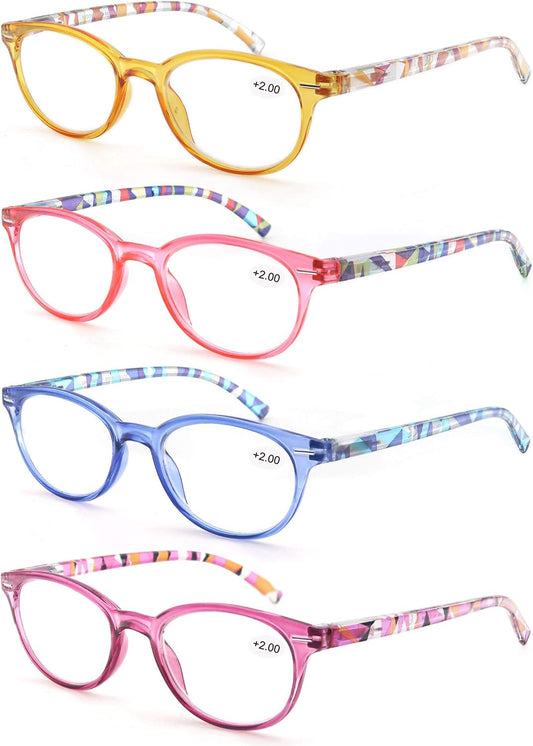 MODFANS Reading Glasses Women 4 Pack Fashion Ladies Readers 2.25 Strength,Women's for Reading Comfort Spring Hinge Arm Eyeglasses-Lightweightest Round Frame Look Stylish to Wear,Come with Pouch