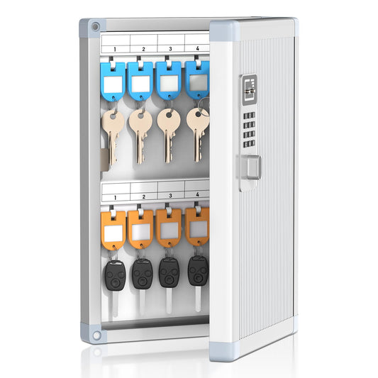 Lockbako 24 Slots Key Box Wall Mount with Code and Key, Key Lock Box with Combination, Key Storage Box with Key Hooks & Tags & Lables, 8.45" x 2.55" x 13" (Silver-Code Lock, 24 Keys)