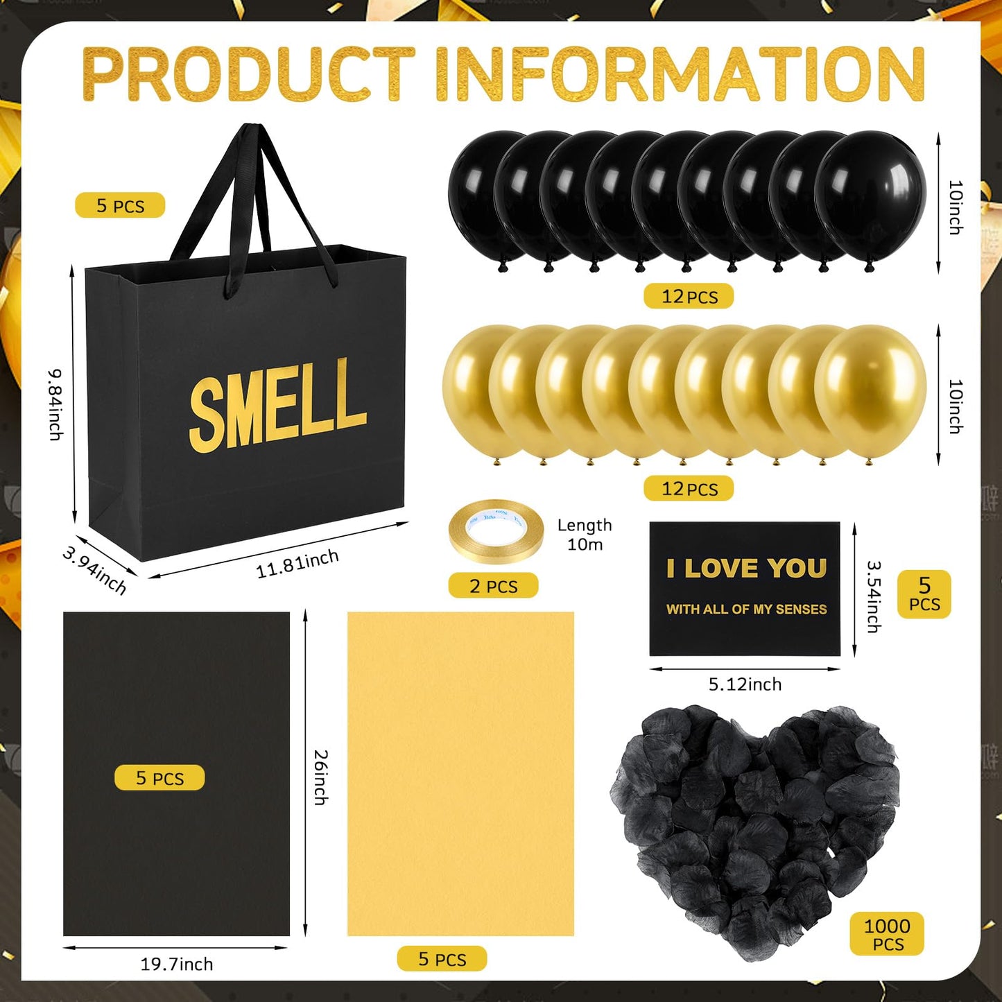 5 Senses Gift Bags for Him With Tissue papers Five Senses Black Gift Bags with Rose Petals Balloon Gifts Decoration for Birthday Bag Wedding Anniversary Valentine's Day (Black,12.6 x 8.7 x 4 Inch)