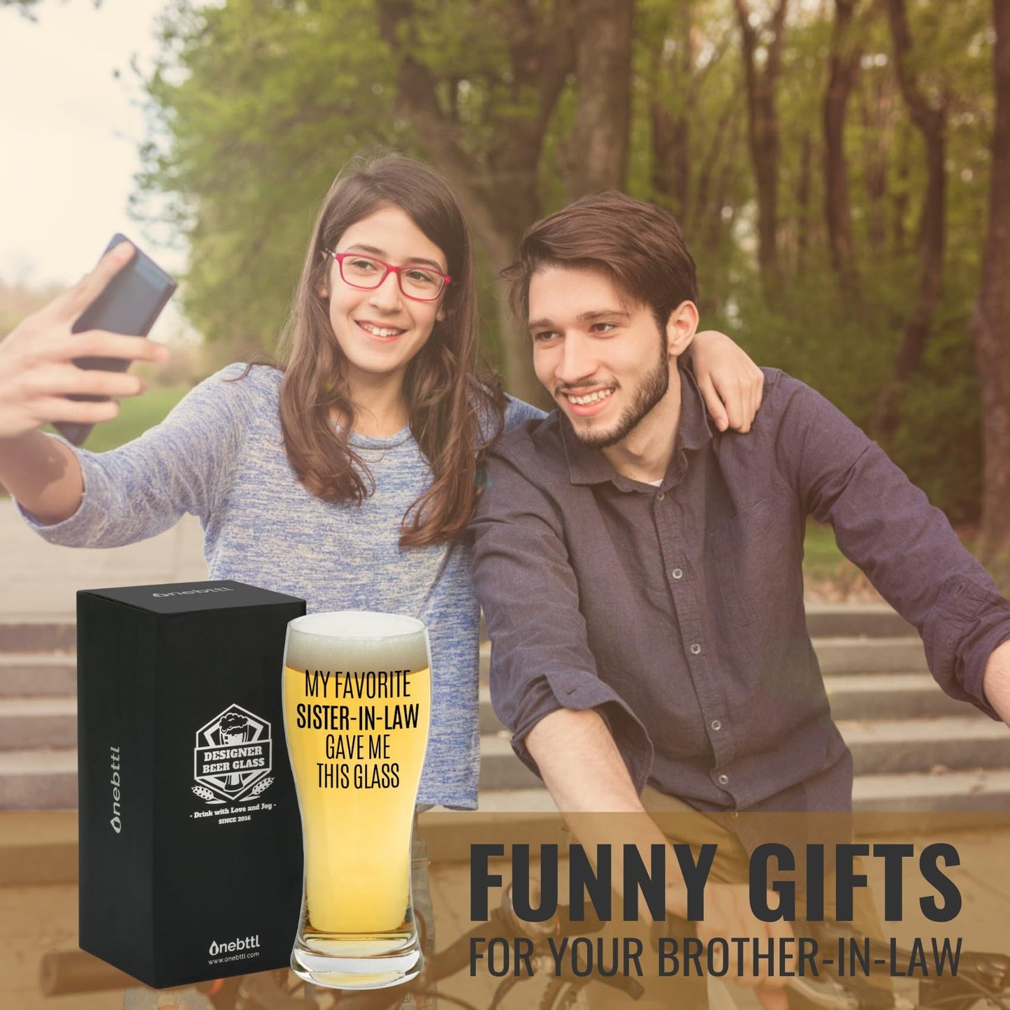 Onebttl Gifts for Brother in Law from Sister in Law, Beer Glass Funny Gift Idea for Christmas, Father's Day, Birthday, Box and Greeting Card Included
