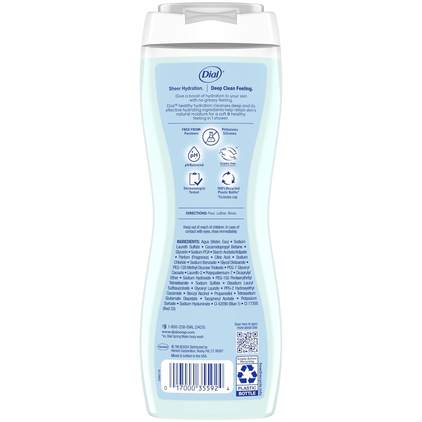 Dial Body Wash, Healthy Hydration, Hyaluronic Acid plus Vitamin E, 16 oz (Pack of 4)