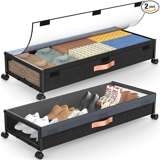 Under Bed Storage with Wheels,2-Pack Under Bed Storage Containers with Clear Lids, XXL 70L Under the bed storage Organizer Bins,Rolling Under Bed Metal Drawer for Clothes,Shoes (36"x16.6"x7.28")