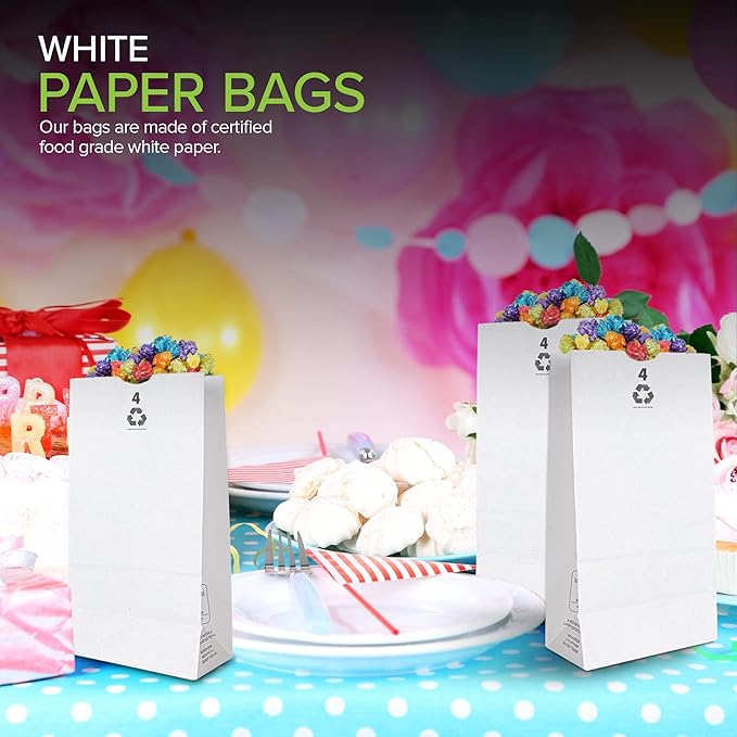 4 Lb Kraft White Paper Bags Lunch (100 Count) - Bulk Disposable Lunch Sacks, Small Size Blank Bag for Kids, Good for a Snack, Sandwich, Grocery Food, and Arts & Crafts Projects, Stock Your Home