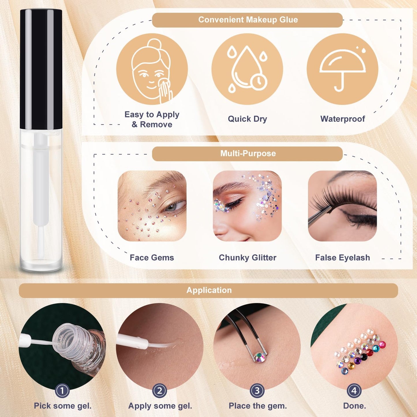Colorful Face Gems for Makeup Set, Flatback Gorgeous AB Glass Gems+Mixed-Colored Crystals with Picker Pencil, Makeup Glue, Dual-End Dotting Tool, Tweezer for Eye Body Hair Make-up and Nail Art Deco