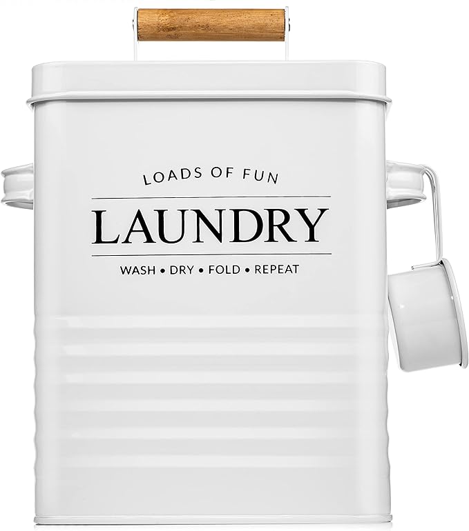 Calindiana Modern Farmhouse Metal Laundry Soap Dispenser with Scoop for Decor and Space Saving Organization, White