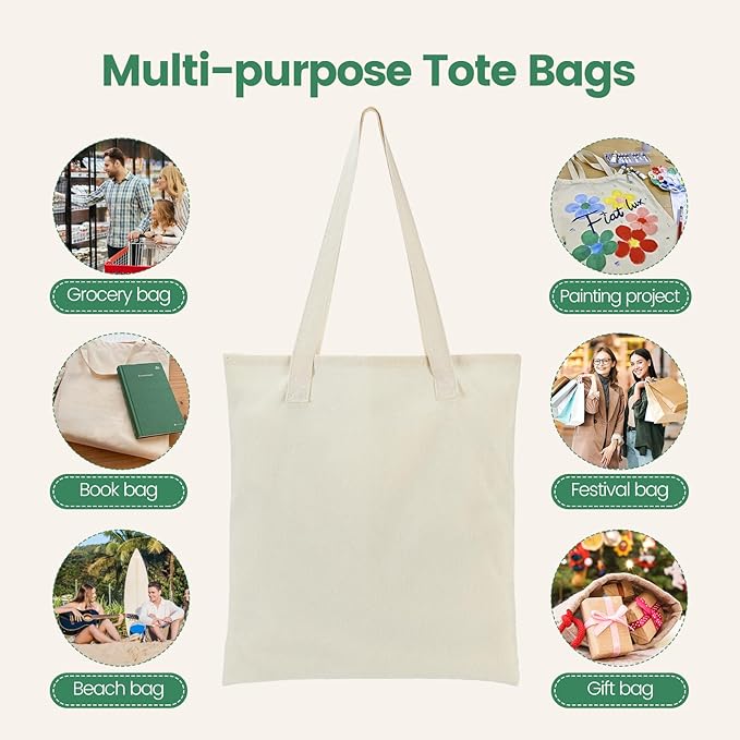 Carbrea 12 Pack Canvas Tote Bag - Lightweight Thin Tote Bags Bulk Blank Shopping Reusable Grocery Bags for DIY Gift Sublimation Activity - Beige