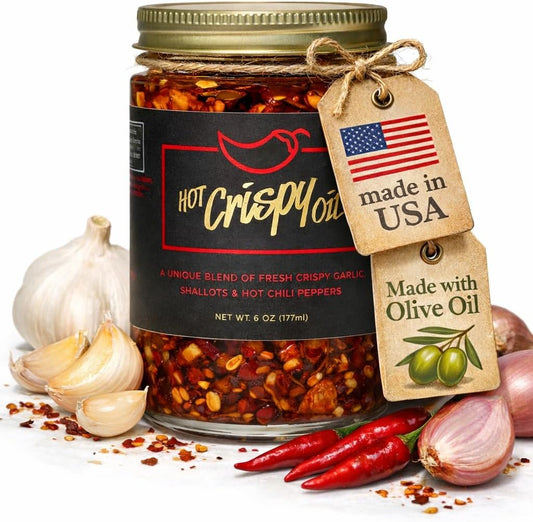 Hot Crispy Oil - Spicy Chili Crisp Blend of Olive Oil, Fresh Crispy Garlic, Shallots & Hot Chili Peppers - Designed for Pizza, Pasta, Eggs, Bread & More - Made in USA - Mild Heat - 6 fl oz - Original