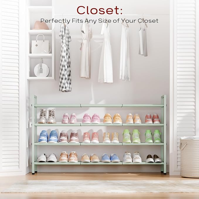 Bumusty 4-Tier Long Expandable Shoe Rack for Closet, 18"-44" Adjustable Shoe Rack for Entryway, 20-24 Pairs Large Shoe Organizer Shelf Storage, Sturdy Metal, Green