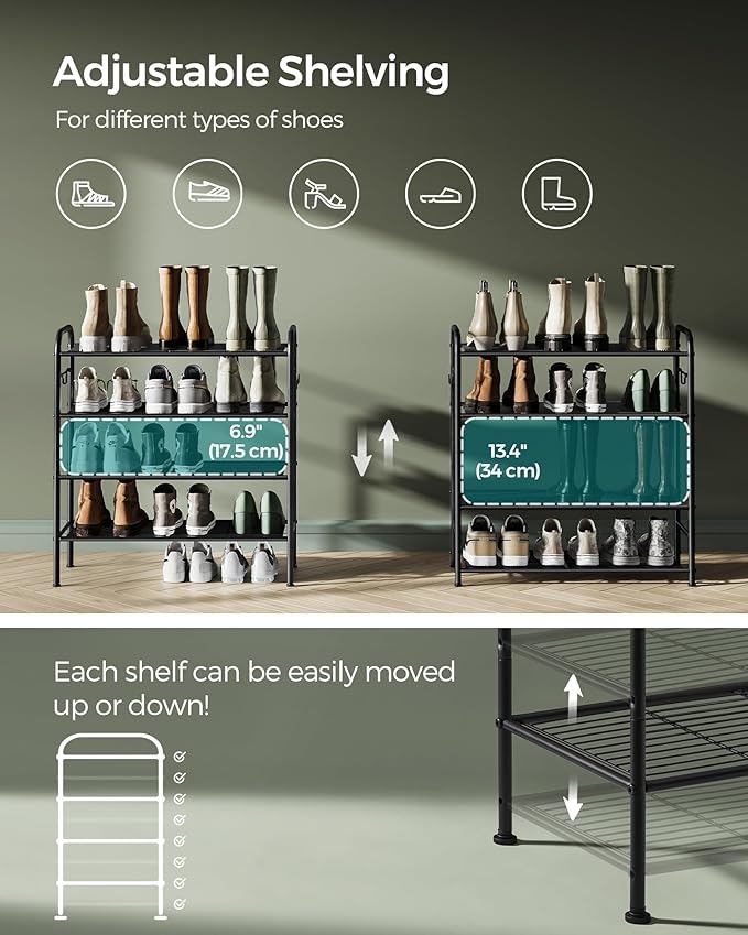 SONGMICS Shoe Rack, 4-Tier Shoe Organizer, Metal Shoe Shelf Storage with 4 Side Hooks, Holds 16 Pairs of Shoes, Height-Adjustable Shoe Rack for Entryway, Hallway, Closet, Ink Black ULMR069B01