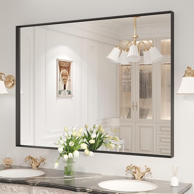 LOAAO Black Bathroom Mirror 48"X30" for Wall, Rectangle Bathroom Vanity Mirror, Tempered Glass, Hangs Vertically or Horizontally, Easy to Install, Modern Design