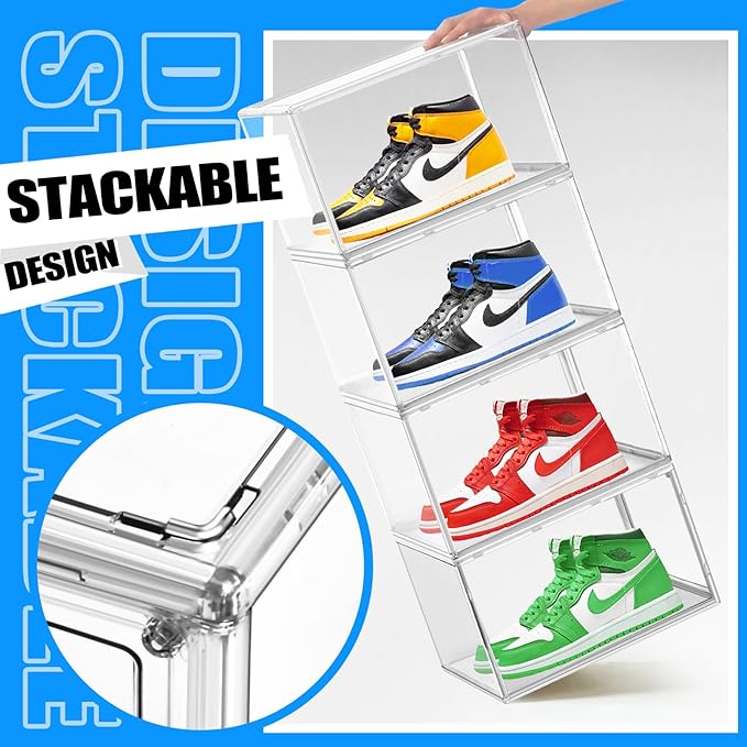 10 Pack Acrylic Shoe Display Case, Size 12 Sneaker Storage Box Stackable Shoe Containers with Magnetic Lid, Clear Shoe Storage Cabinet for Entryway, Closet, Underbed,Hallway, Bathroom, Balcony