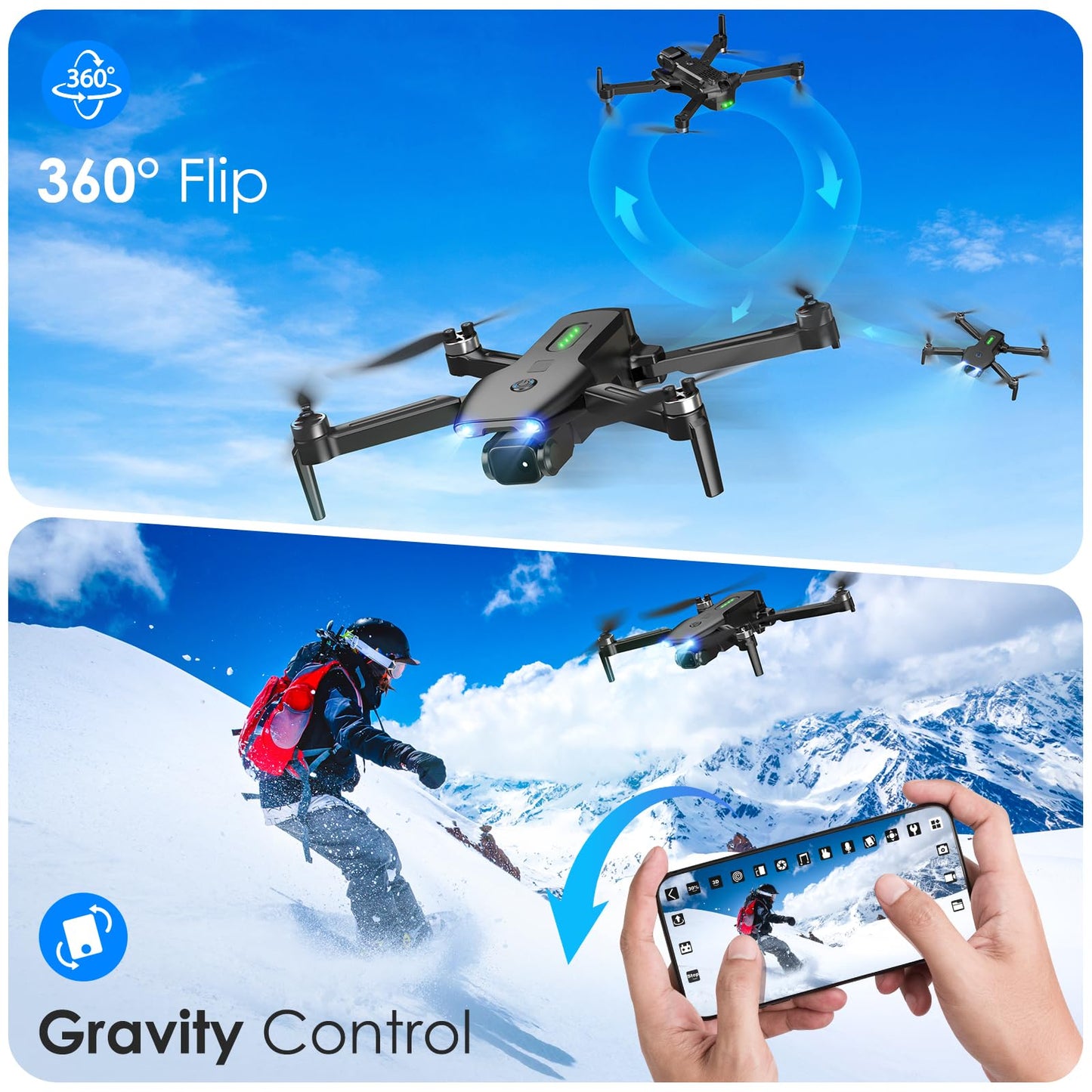 Drone with Camera, 1080P FPV Foldable Drone with Brushless Motor, One Key Take Off/Land, Altitude Hold, 360° Flip, Gravity Control, 2 Batteries, 3 Speeds Mini Drone for Kids Beginners